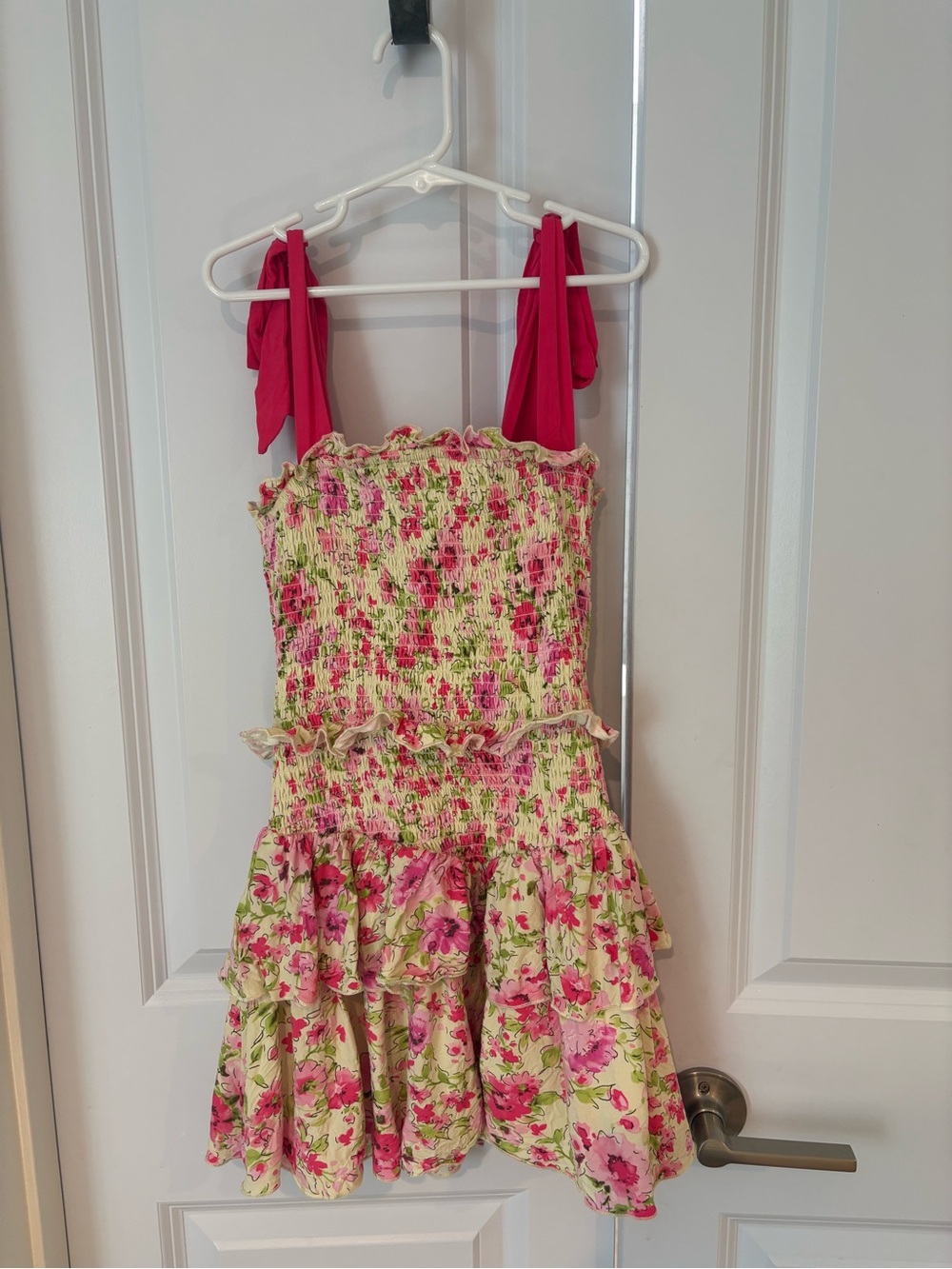 Katie J NYC Pink Floral Smocked Dress with Tie Straps